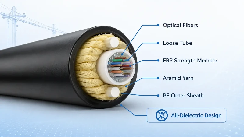 ASU fiber optic cable structure with FRP and aramid strength members ASU fiber optic cable structure with FRP and aramid strength members
